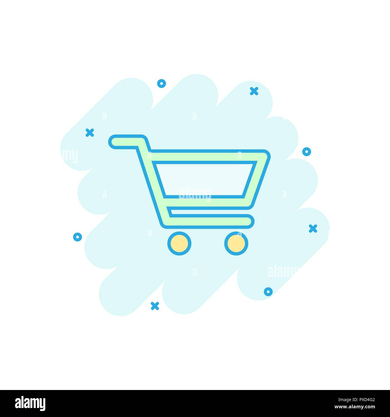 Vector cartoon shopping cart icon in comic style. Shop bag sign
