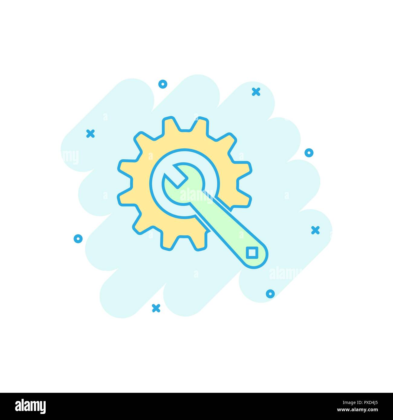 Vector cartoon service tool icon in comic style. Cogwheel with wrench ...