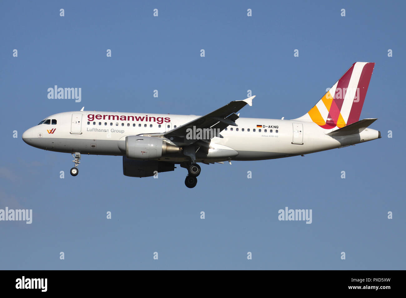 Germanwings Airbus A319-100 with registration D-AKNQ on short final for runway 01 of Brussels Airport. Stock Photo
