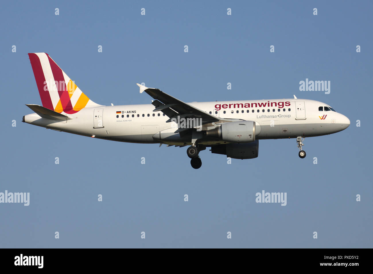 Germanwings Airbus A319-100 with registration D-AKNS on short final for runway 01 of Brussels Airport. Stock Photo