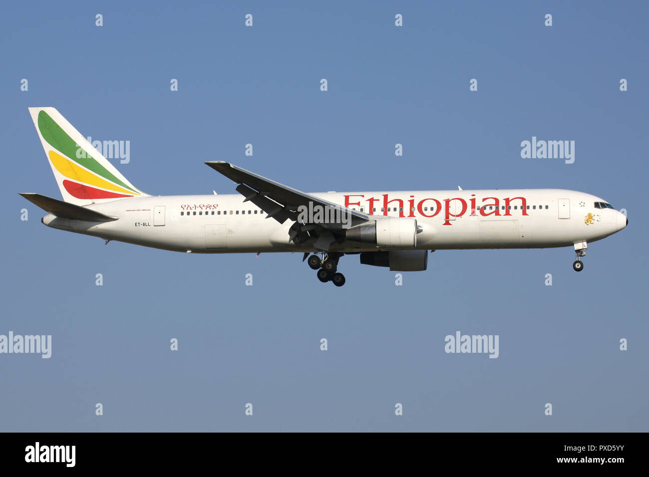 Ethiopian Airlines Boeing 767-300 with registration ET-ALL on short final for runway 01 of Brussels Airport. Stock Photo