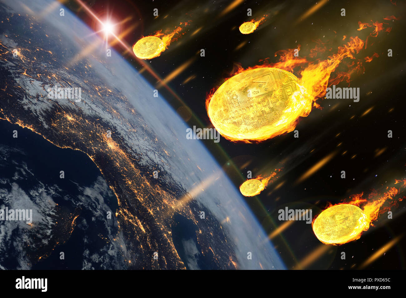 The price of bitcoin or cryptocurrency coins are falling like entering the  Earth atmosphere.(Elements of this image furnished by NASA Stock Photo -  Alamy