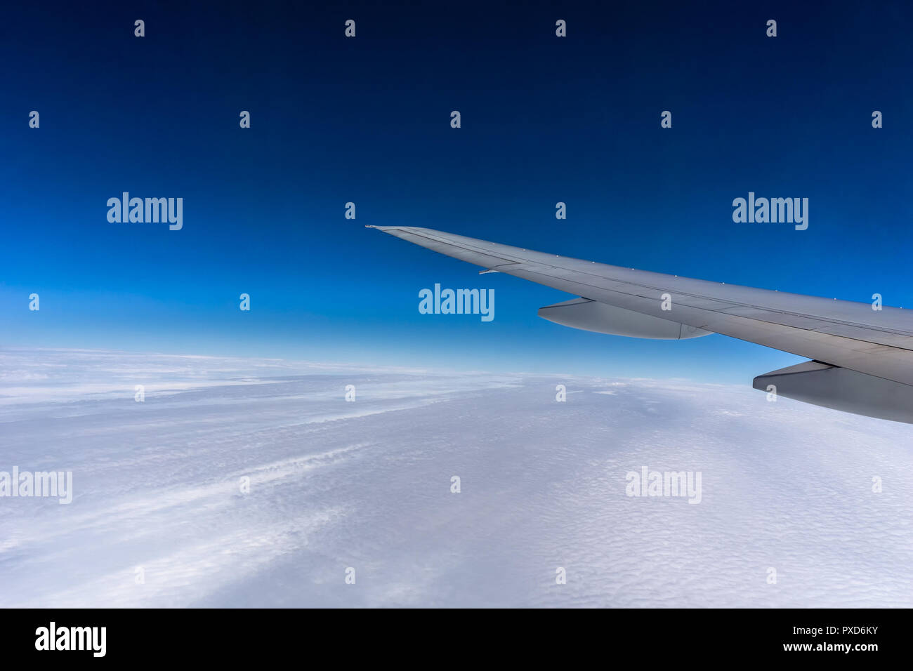 Flying over the clouds. Airplane wing with blue sky and copy space. Travel and transportation concept. Stock Photo