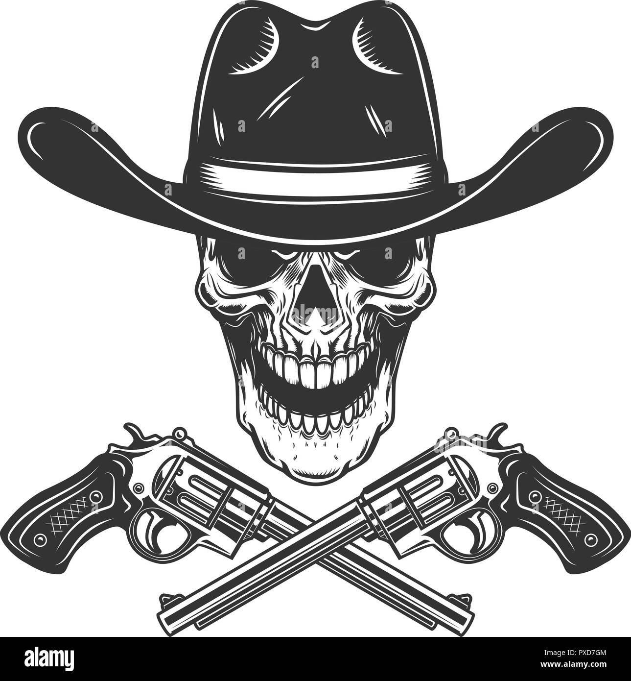 Cowboy skull with crossed revolvers. Design element for poster, card, label, sign, card, banner. Vector image Stock Vector
