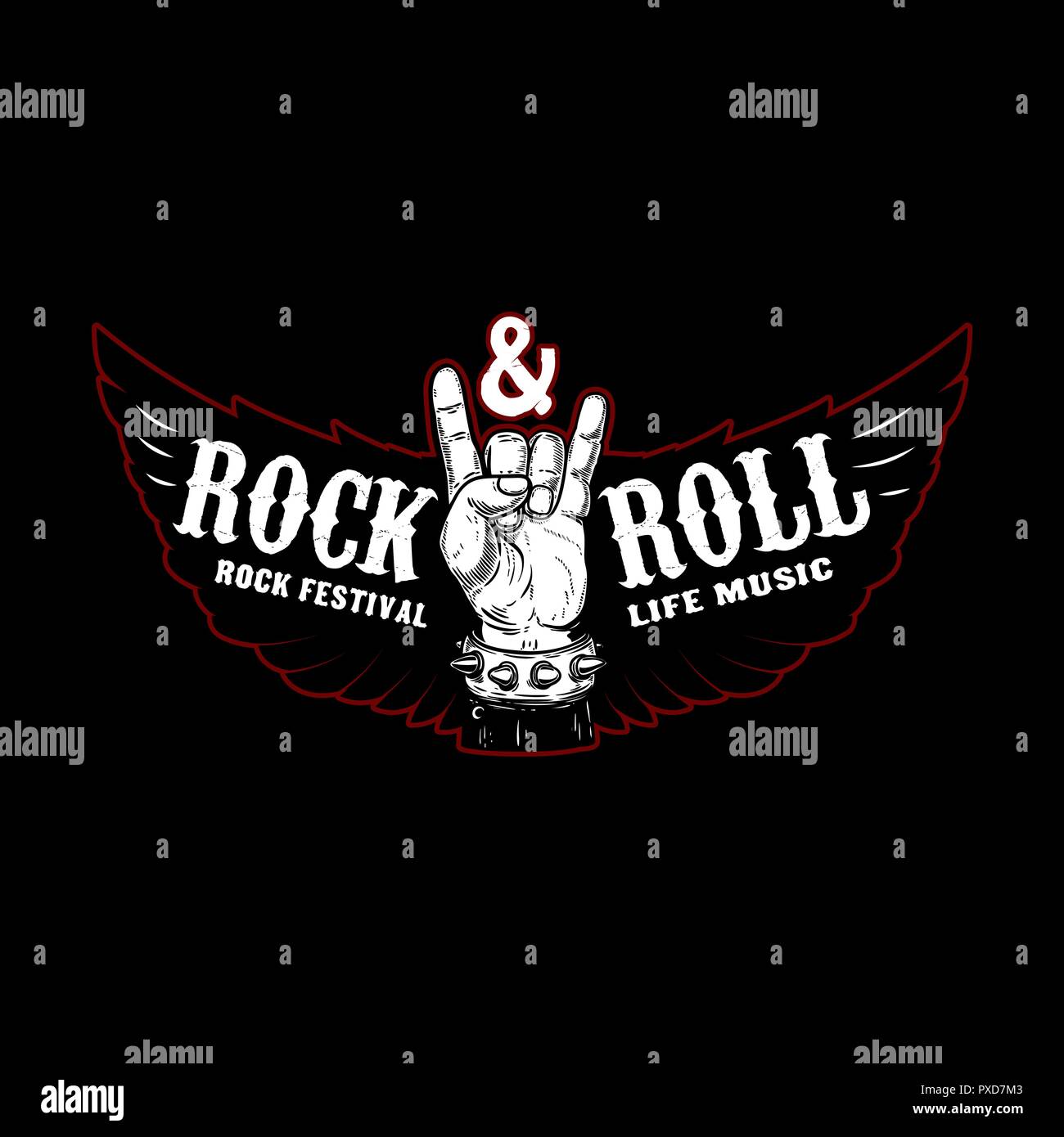 Rock and roll festival. Rocker sign and wings. Design element for logo