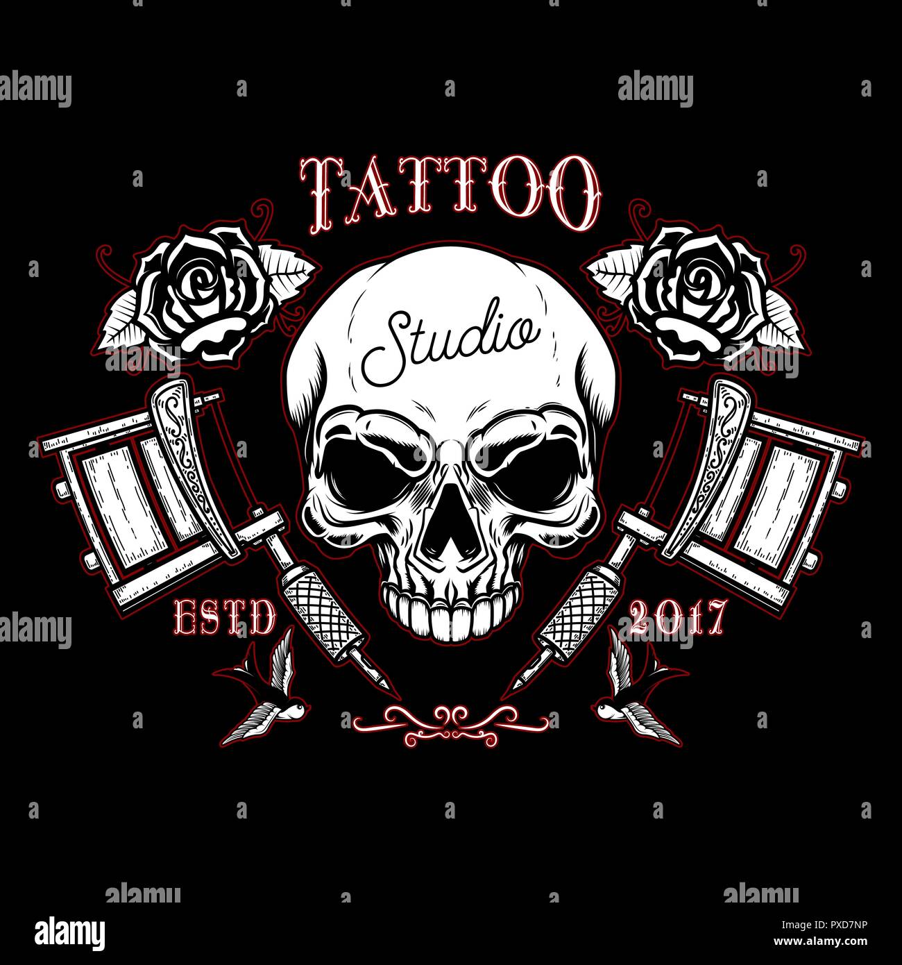 tattoo studio emblem template. Crossed tattoo machine, skull ...
