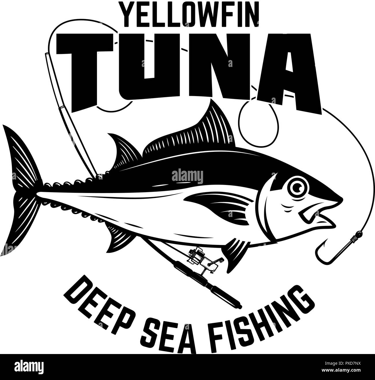 Tuna fishing. Yellowfin tuna and fishing rod. Design element for logo,  label, emblem, sign, poster, card. Vector illustration Stock Vector Image &  Art - Alamy