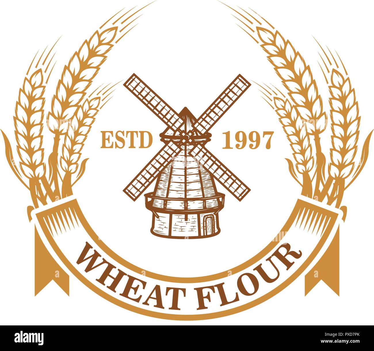 Wheat flour label template with wind mill. Design element for logo, emblem, sign, poster, t shirt. Vector illustration Stock Vector