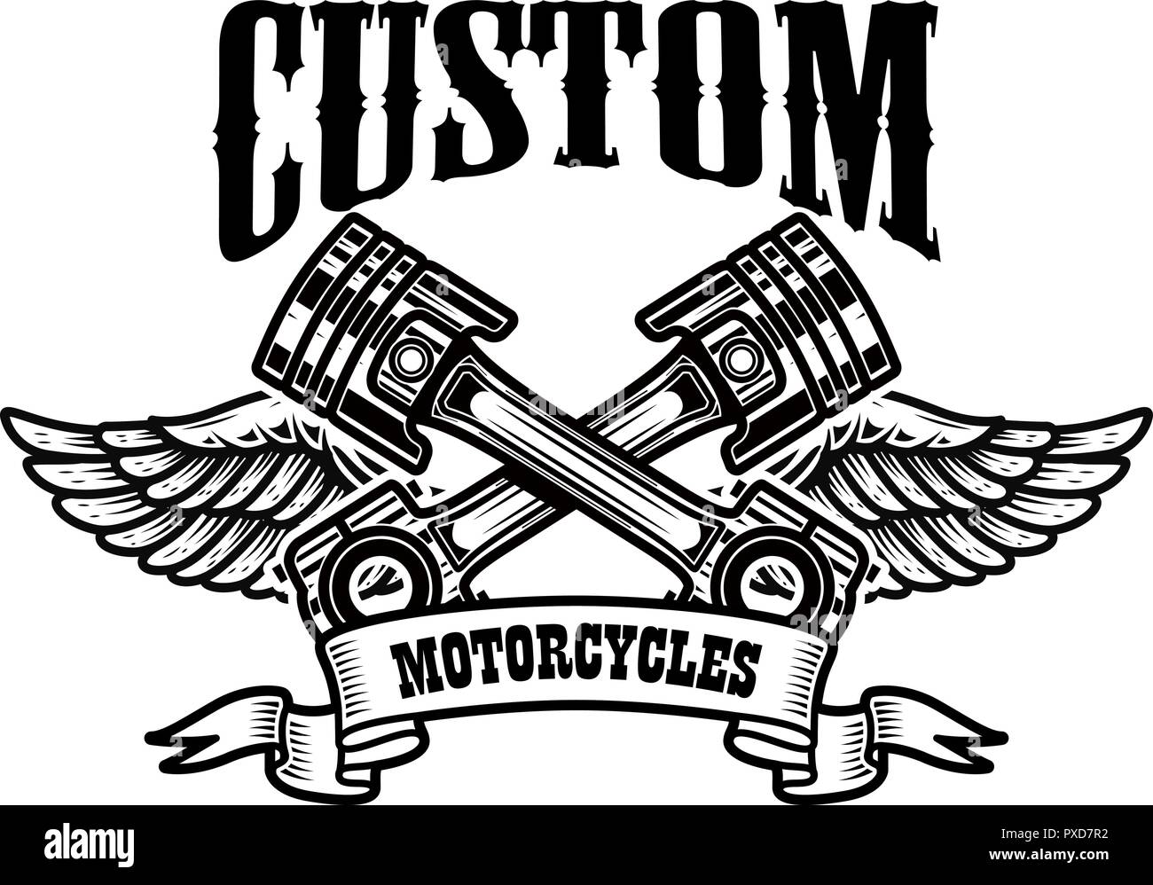 Custom motorcycles. Emblem template with winged pistons. Design element