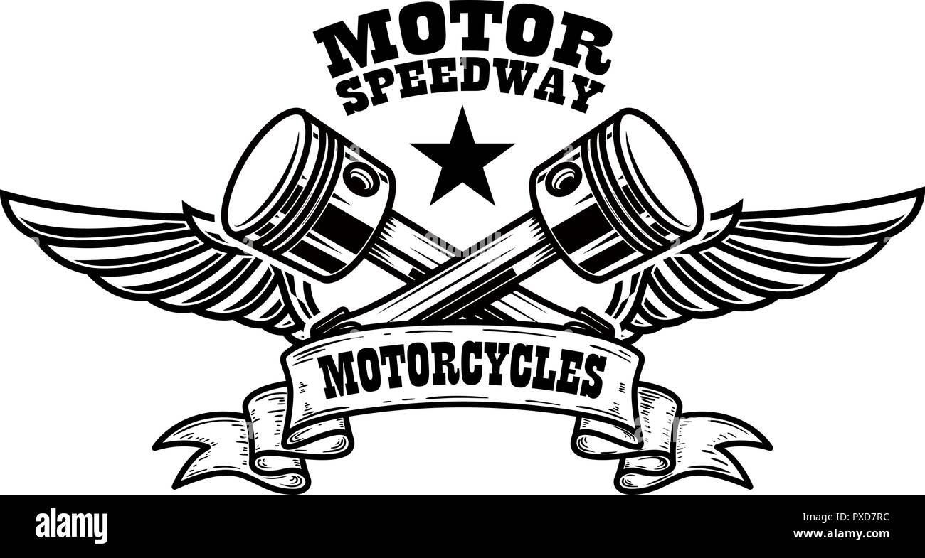 Emblem template with winged pistons. Design element for logo, label