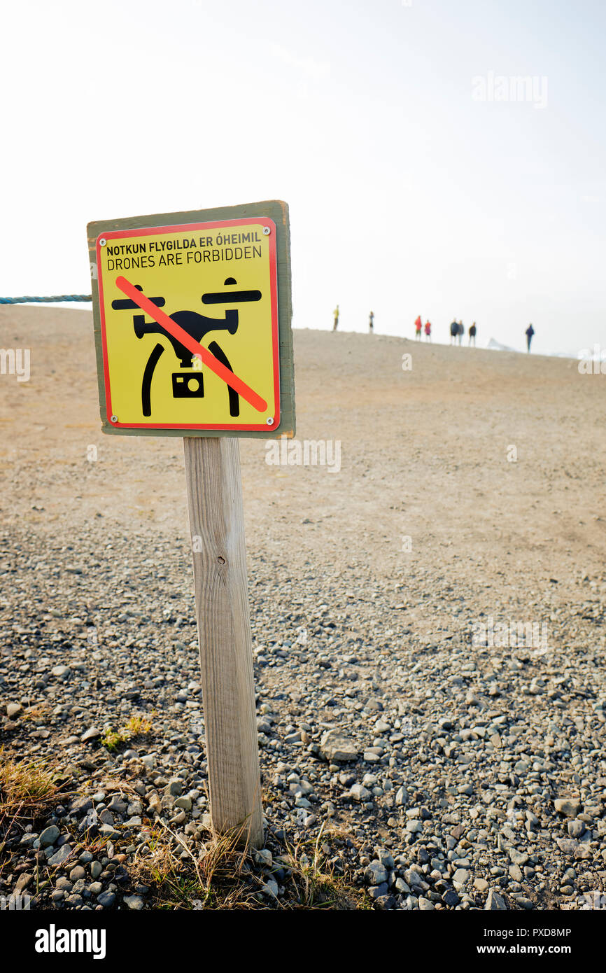 A no drone flying sign at a popular tourist destination in Iceland. Stock Photo