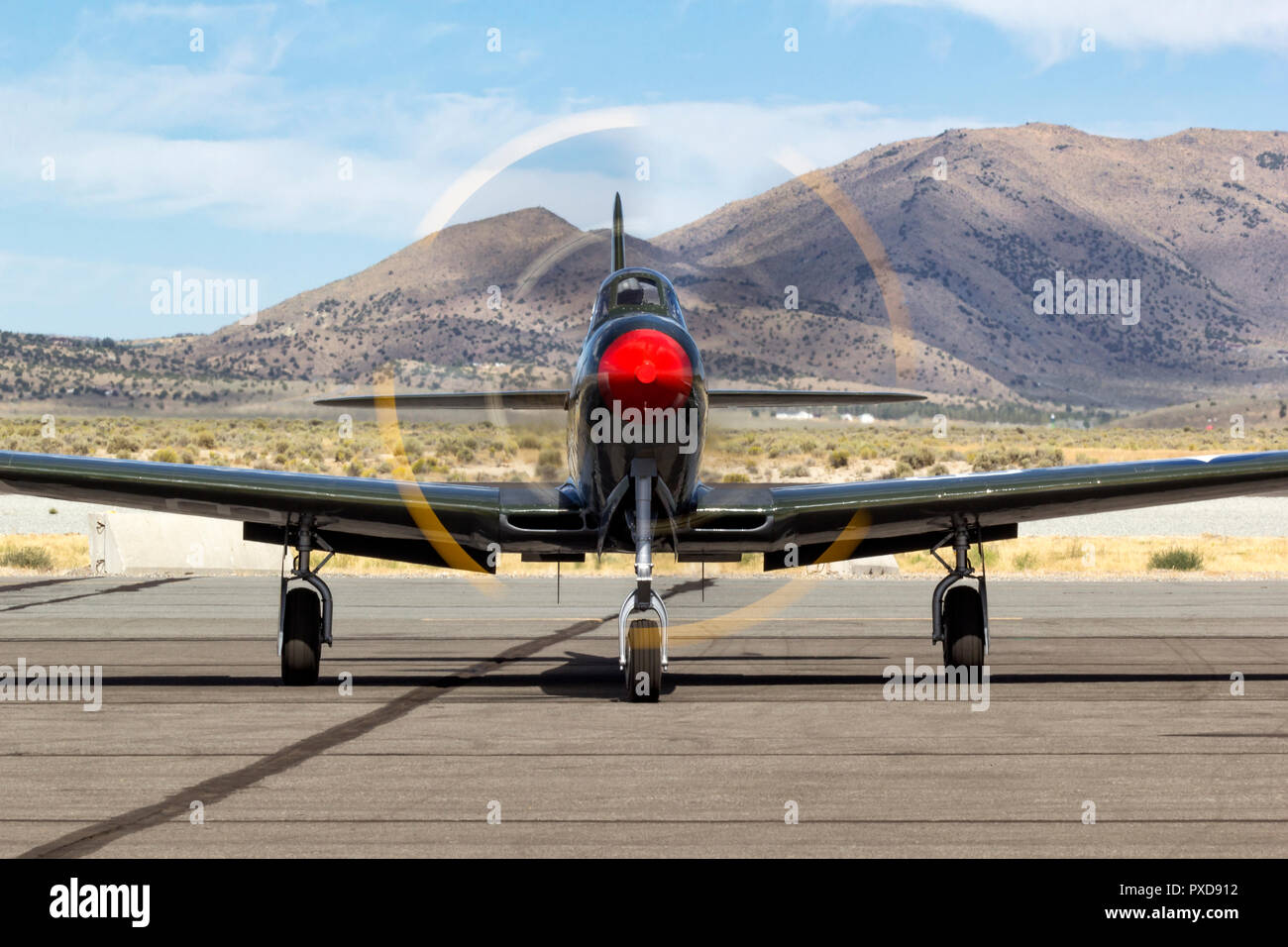 A rare P-63 King Cobra and Unlimted Air Racer 'Pretty Polly' on the ramp after a heat race at the 2018 Reno National Championship Air Races. Stock Photo