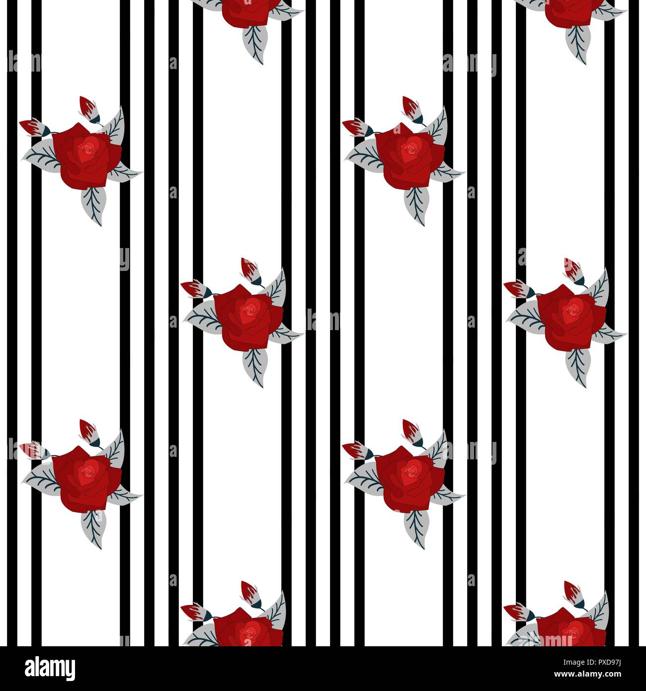 beautiful seamless pattern of red roses on striped black and white  background. design greeting card and invitation of the wedding, birthday,  Valentine s Day, mother s day and other holiday Stock Vector