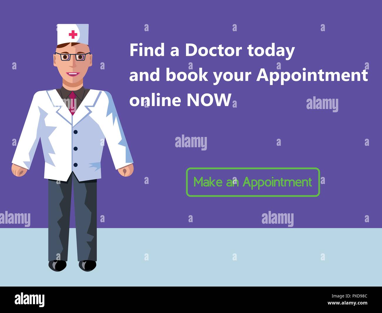 Online medicine. Doctor's appointment. Web banner design consept. Vector flat illustration with purple background. Stock Vector