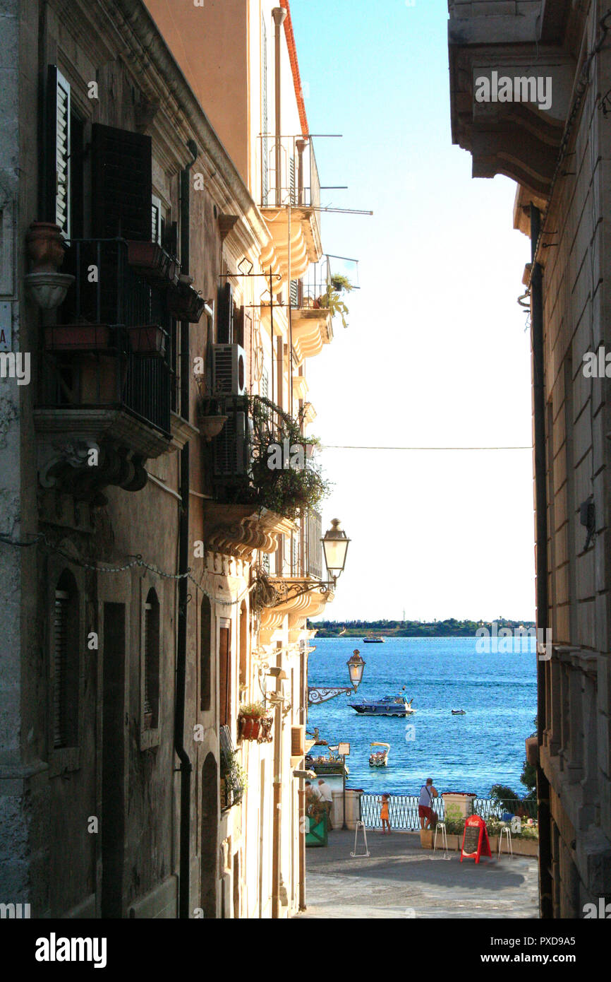 At Siracusa - Italy - On august/2010 - Street in the historical quarter of Ortigia in Syracusa, Sicily Stock Photo
