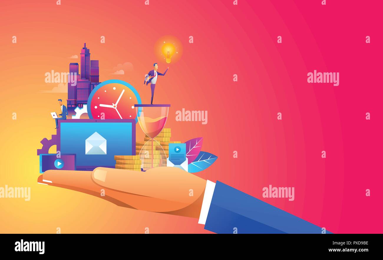 Hand holding a business ,digtal object and with a contemporary smart city and apps icons. Augmented reality and internet of things concept Stock Vector