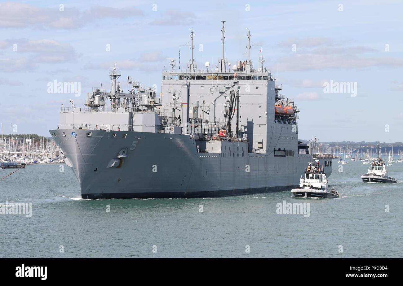 The cargo ship USNS Robert E Peary leaving Portsmouth, UK on 24th September 2018 after a two day visit to the Naval Base Stock Photo