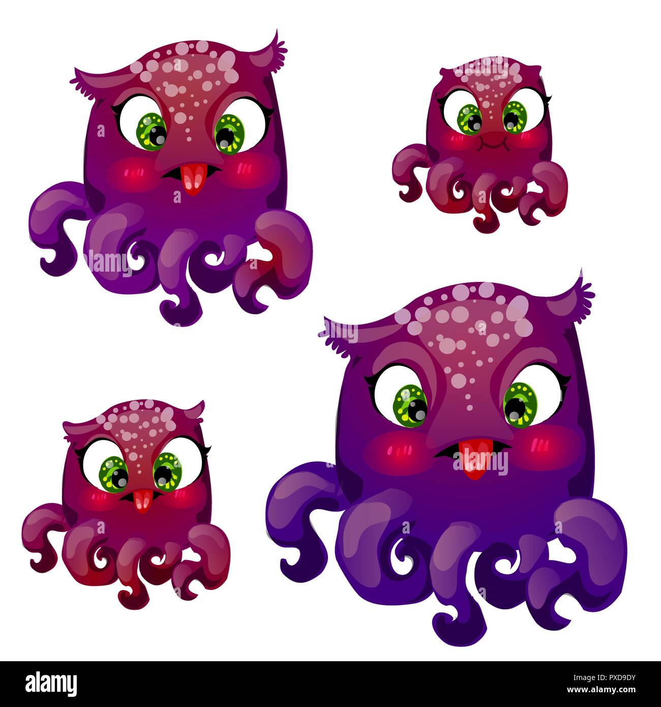 Set cartoon funny fantasy animals. A hybrid of a octopus and owls isolated on white background. Vector illustration. Stock Vector