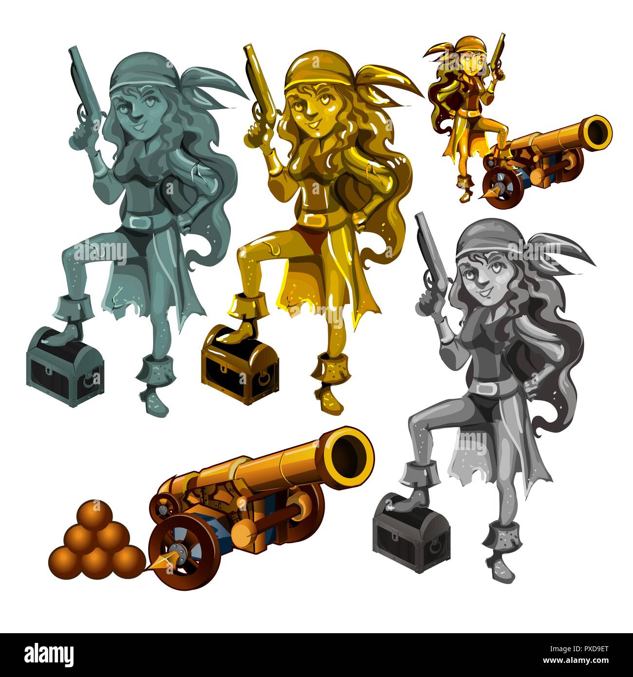 A set of statues of a girl pirate made of stone and gold isolated on a white background. A cannon with cannonballs. Vector illustration. Stock Vector