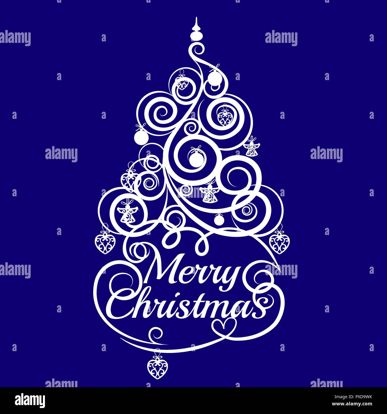Abstract spiral pattern in shape of Christmas tree isolated on blue background. Sample of poster, party invitation, cover for theme of the album and other cards. Vector cartoon close-up illustration. Stock Vector