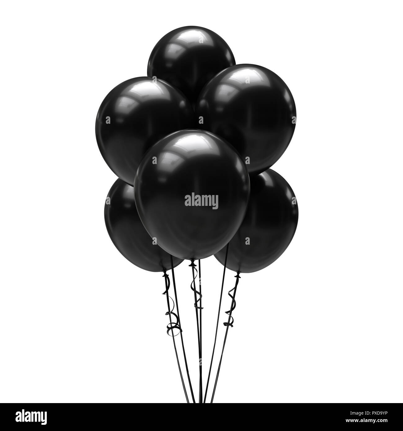 Black balloons with ribbons isolated on white background. 3d ...