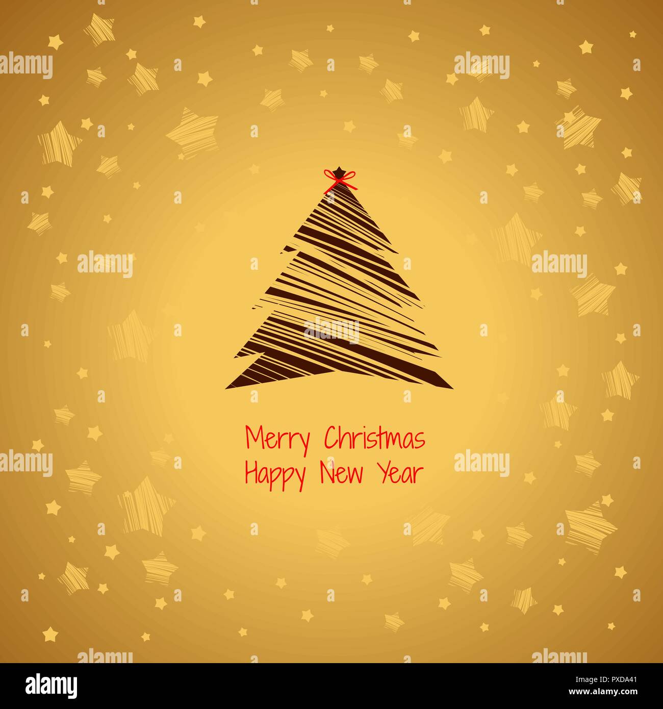 Silhouette of a Christmas tree black color isolated on golden color background. Sample of the poster, party invitation and other cards. Vector illustration. Stock Vector