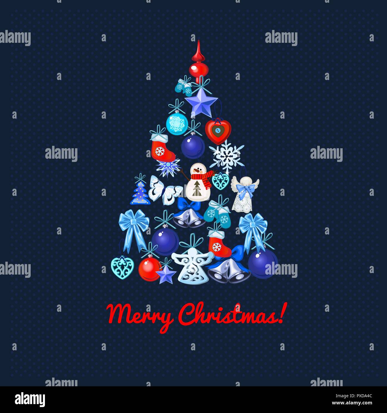 Christmas tree with decoration on a blue dotted background and the words Merry Christmas. Sample of the poster, party invitation and other cards. Vector illustration. Stock Vector