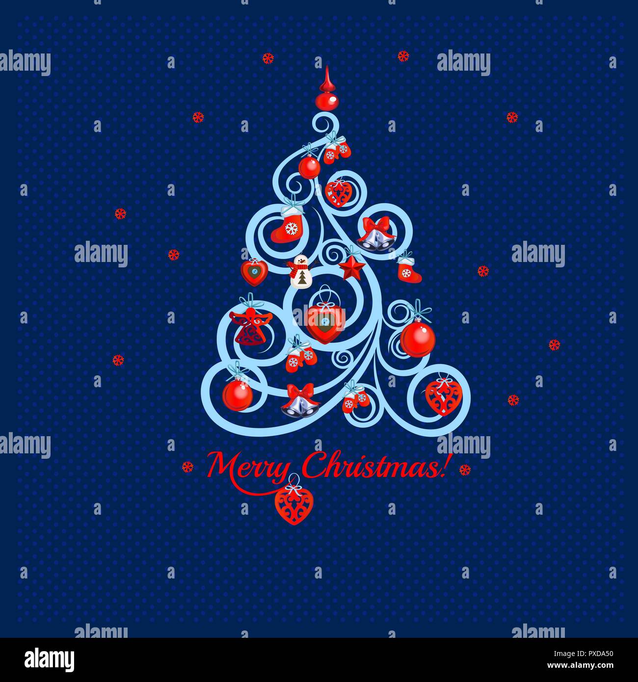 Patterned florid Christmas tree on a background of blue dots and the words Merry Christmas. Sample of the poster, party invitation, gift wrapping paper and other cards. Vector illustration. Stock Vector