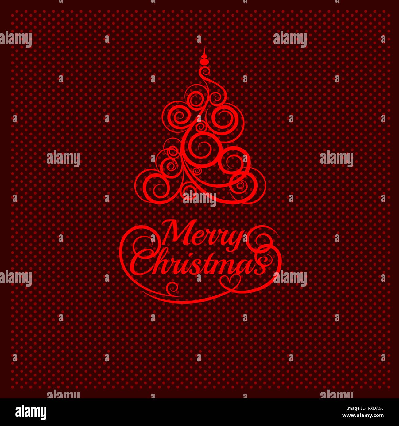 Patterned florid Christmas tree on a background of red dots and the words Merry Christmas. Sample of the poster, party invitation, gift wrapping paper and other cards. Vector illustration. Stock Vector