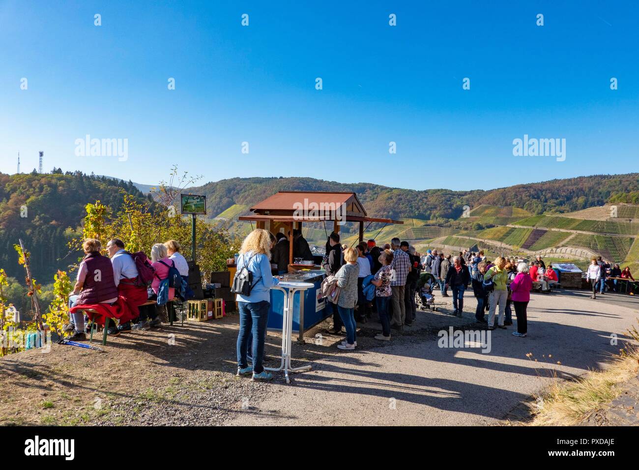 Dernau, Ahr Valley, Germany, 10-21-2018. During the tourist saeson the local wine makers present theit products in small bars to the hikers along the  Stock Photo