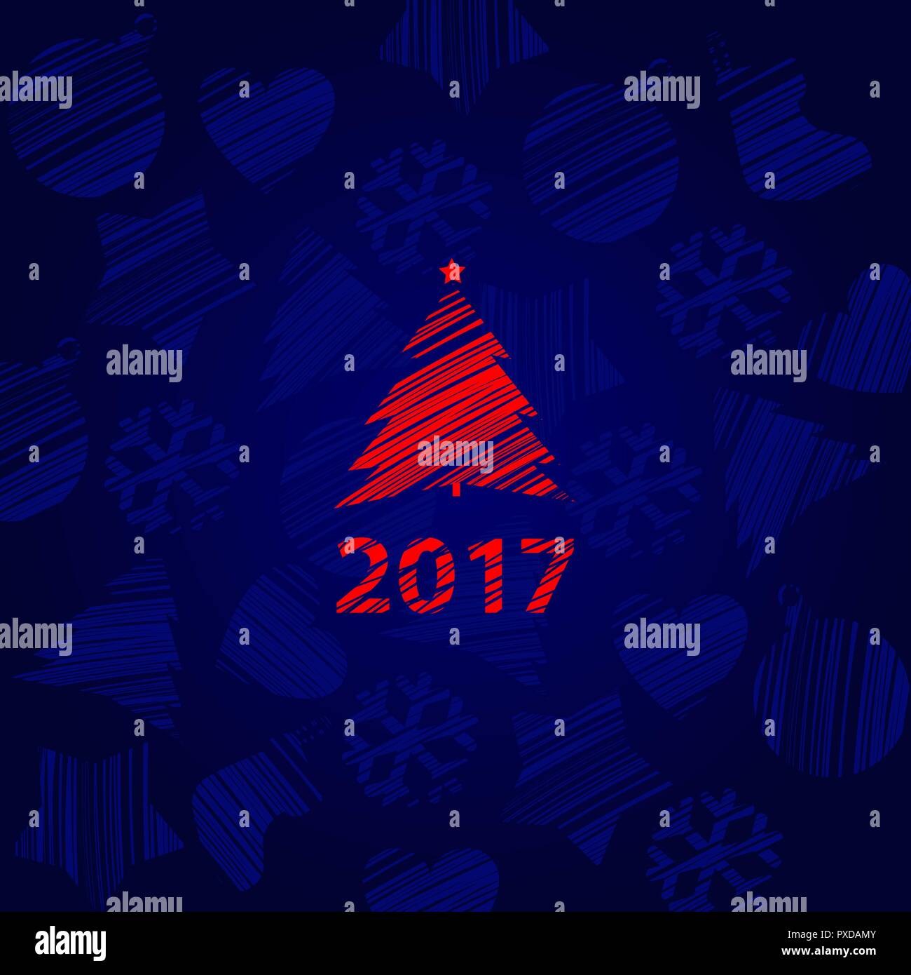 Silhouette of a stroke Christmas tree red color isolated on blue background with texture of snowflakes and inscription 2017. Sample of the poster, party invitation and other cards. Vector illustration Stock Vector