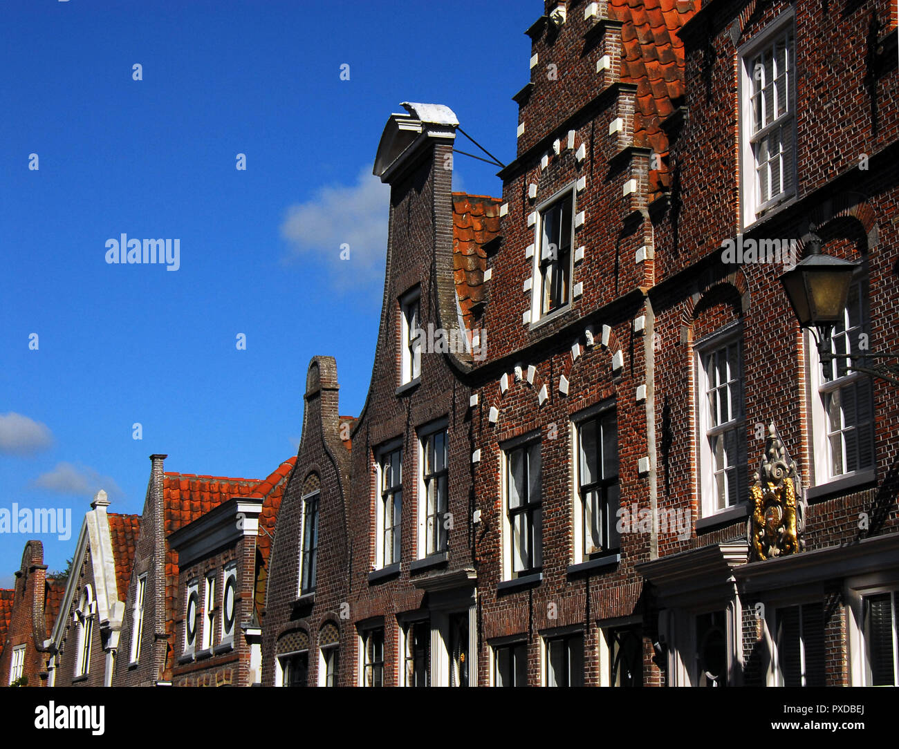 Beautiful traditional architectural details on a residential street in the charming, historical village of Edam, The Netherlands. Stock Photo