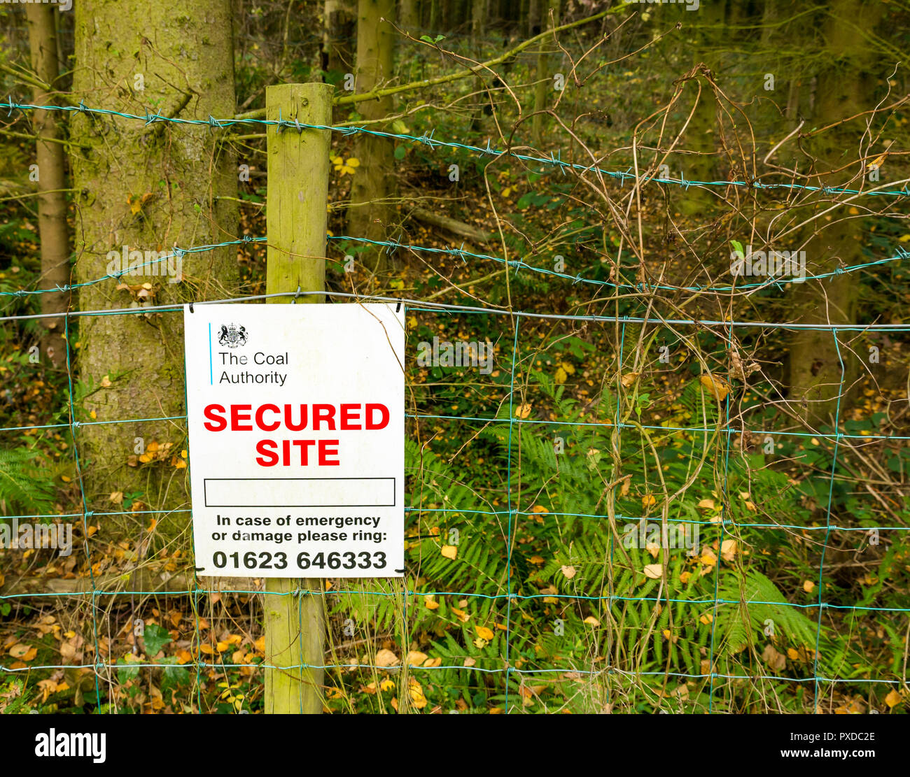 Secured site sign fenced off area by the Coal Authority, Butterdean Wood, East Lothian, Scotland, UK Stock Photo