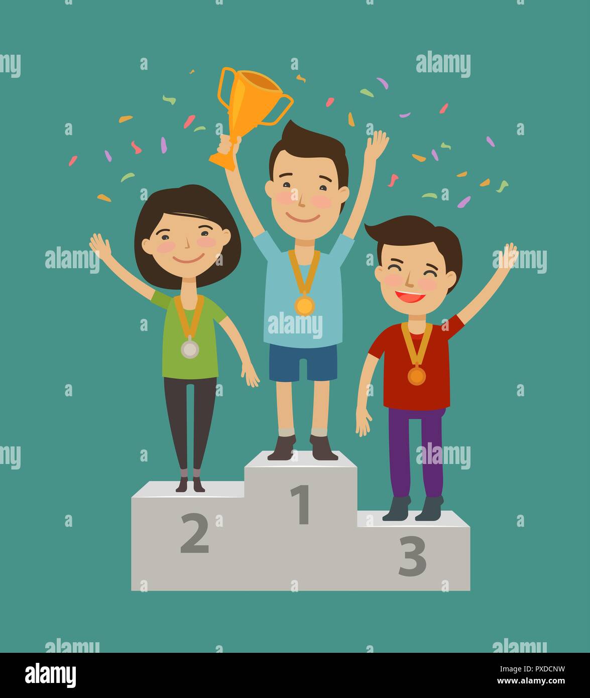 Champion on the pedestal. Achievement, awarding ceremony concept. Cartoon vector illustration Stock Vector