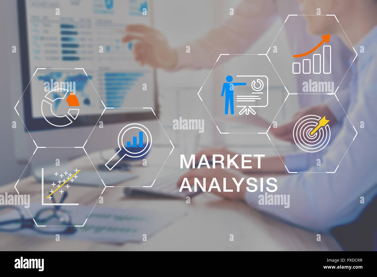 Market analysis business team working on sales data report analytics on computer screen in office for insights on decision about marketing and adverti Stock Photo