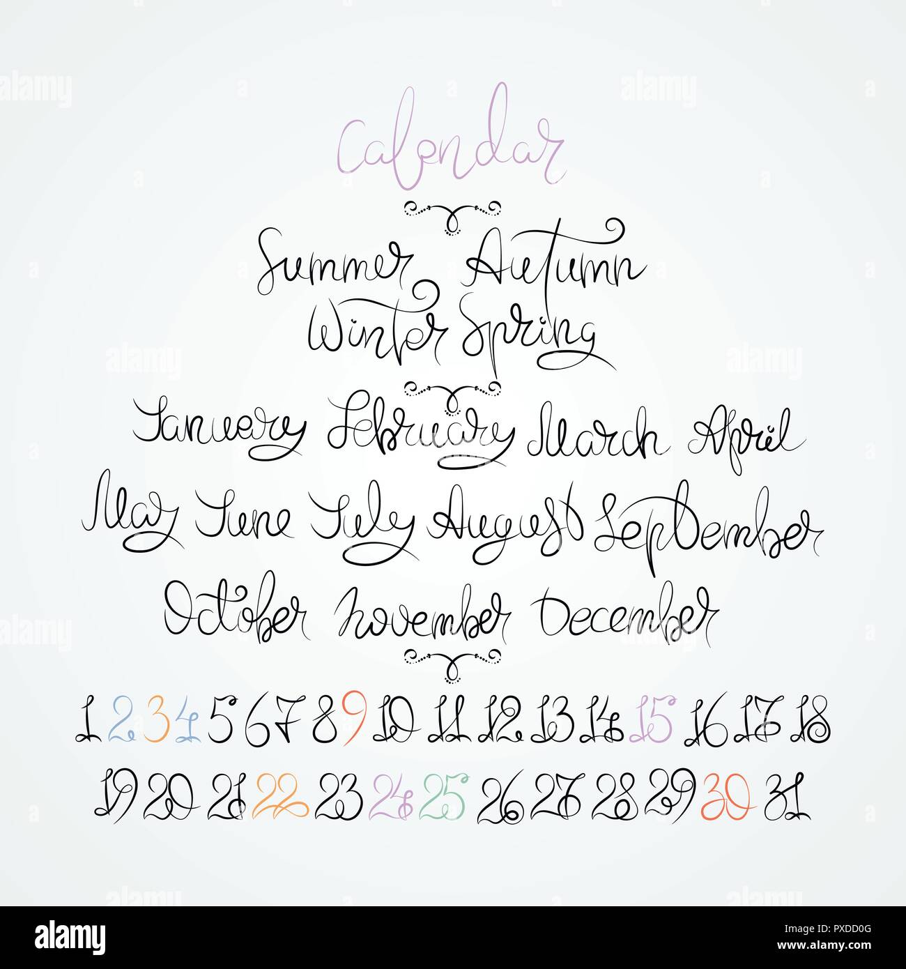 Calendar collection of months and numbers for all year, week, seasons