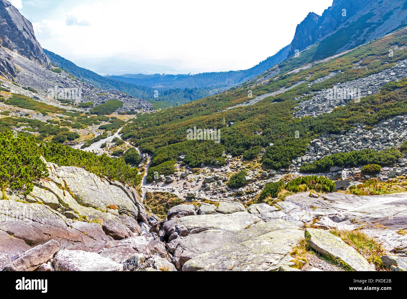 Hiking in High Tatras Mountains (Vysoke Tatry), Slovakia. Mlynicka Valley. Over the Skok waterfall (Slovak: Vodopad Skok). 1789m. Stock Photo