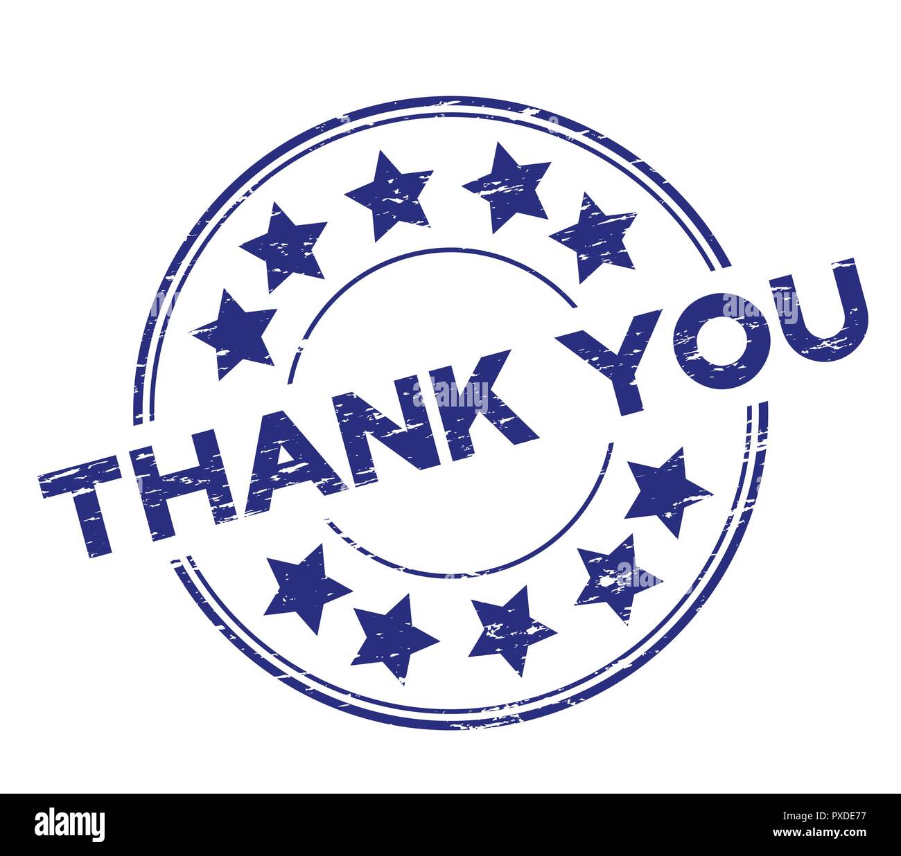 Grunge blue thank you with star icon round rubber stamp on white ...