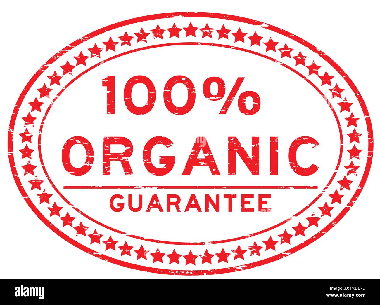 Grunge red 100 percent organic oval rubber seal stamp on white ...