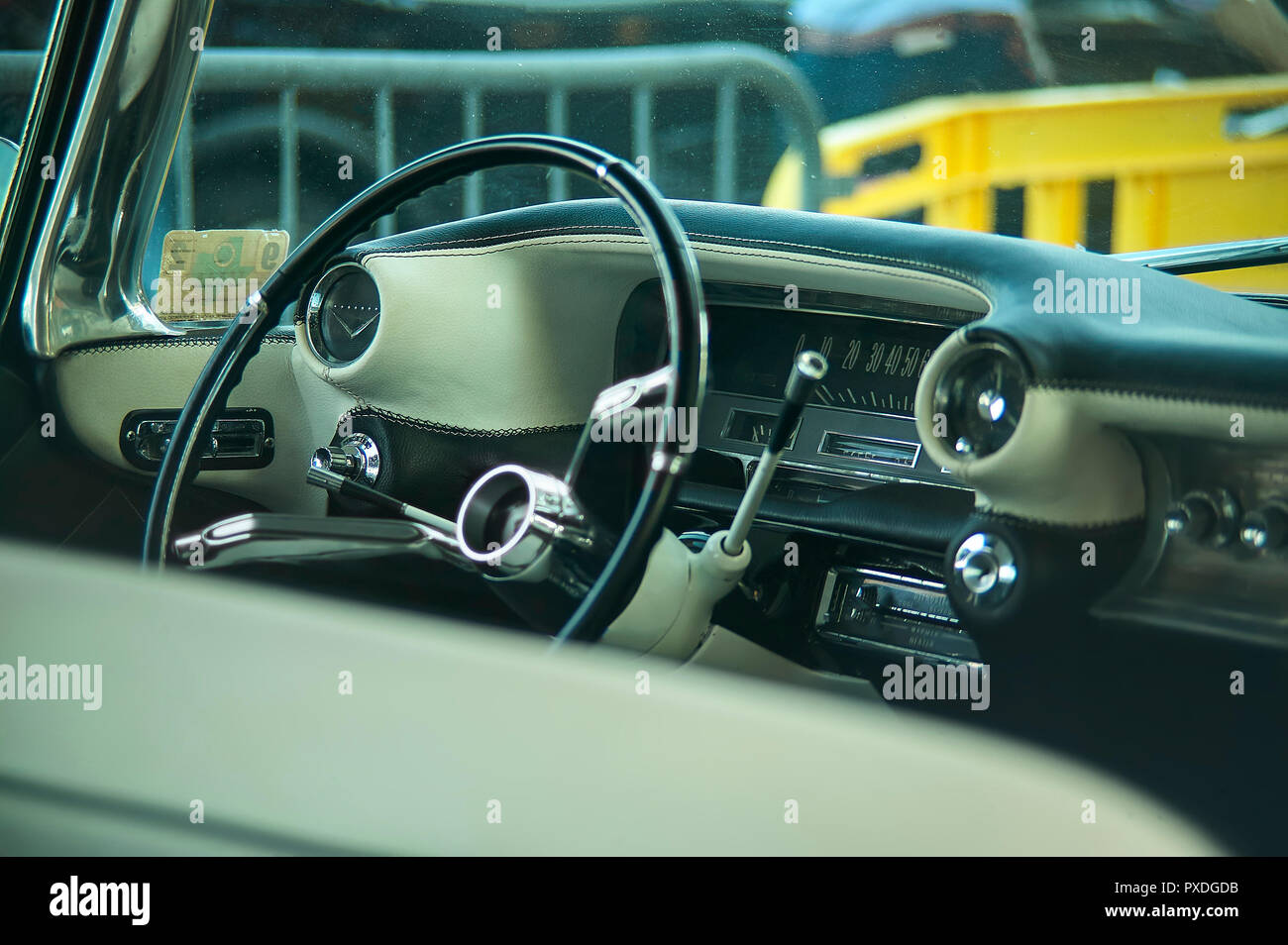 View of dashboard, steering wheel, indicators and timing gauges of a