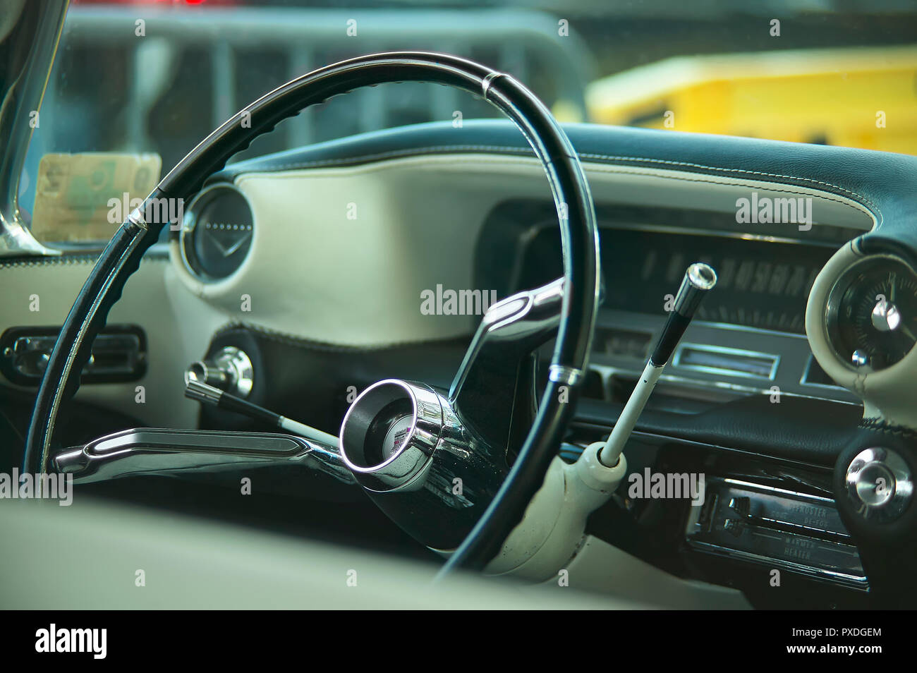 View of dashboard, steering wheel, indicators and timing gauges of a