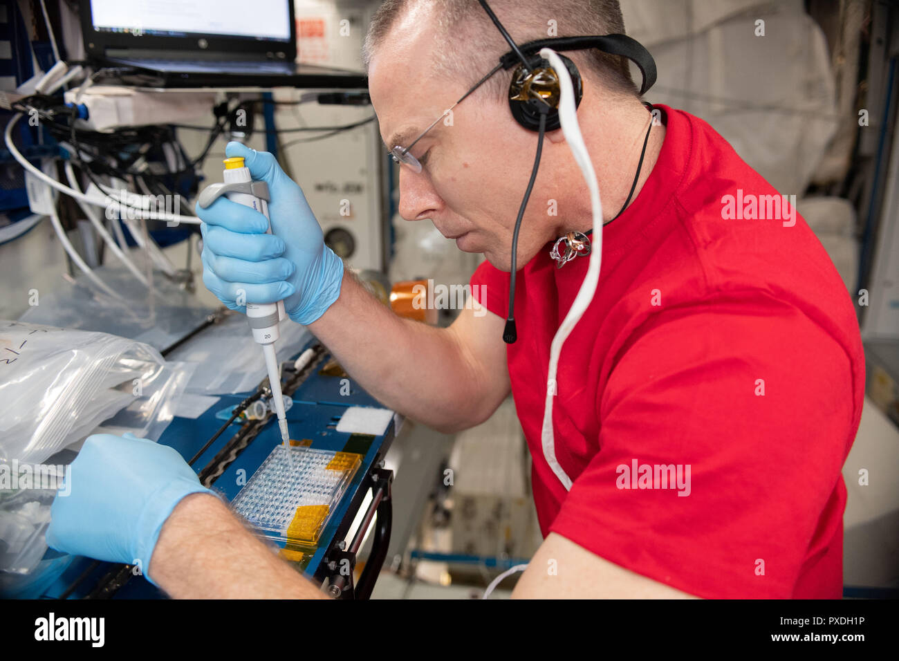 Expedition 56 Commander Drew Feustel of NASA inside the Harmony module working on the Protein Crystal Growth-13 experiment which is seeking to fine-tune the research process in space and help public and private organizations deliver results and benefits sooner August 13, 2018 in Earth Orbit. Stock Photo