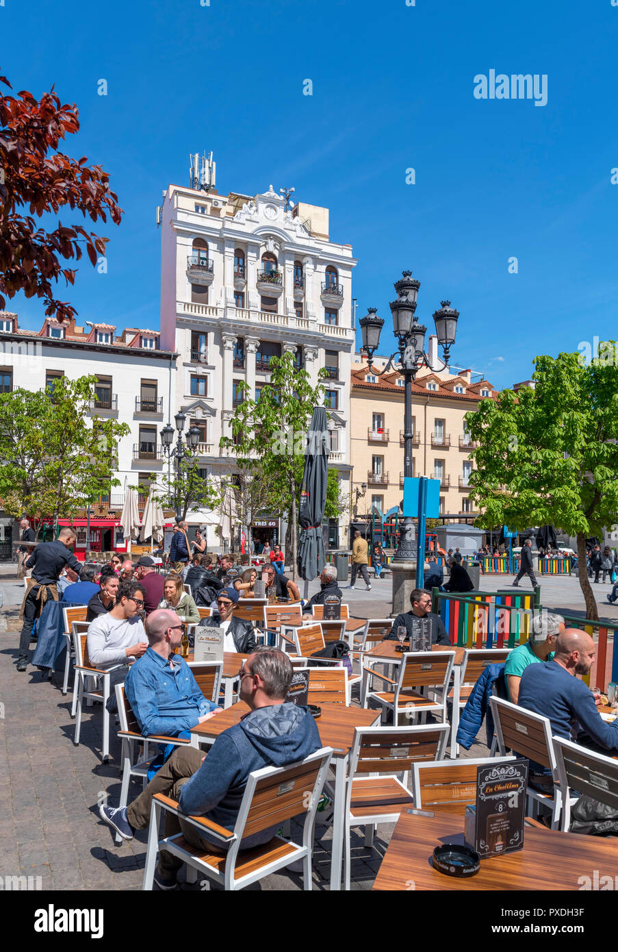 Cafes and bars on Plaza de Santa Ana at lunchtime, Huertas district, Madrid, Spain Stock Photo