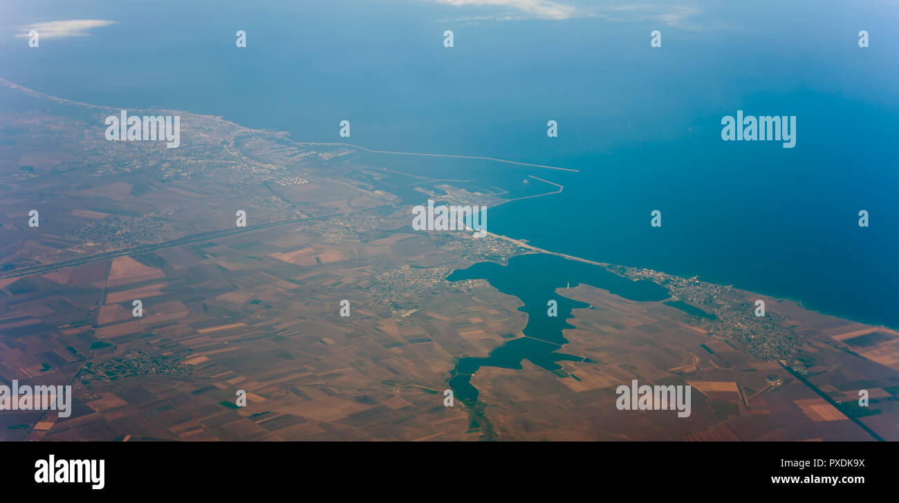 Romania Black Sea resorts of Mamaia, Constanta, Eforie Nord and Sud. aerial view from airplane Stock Photo