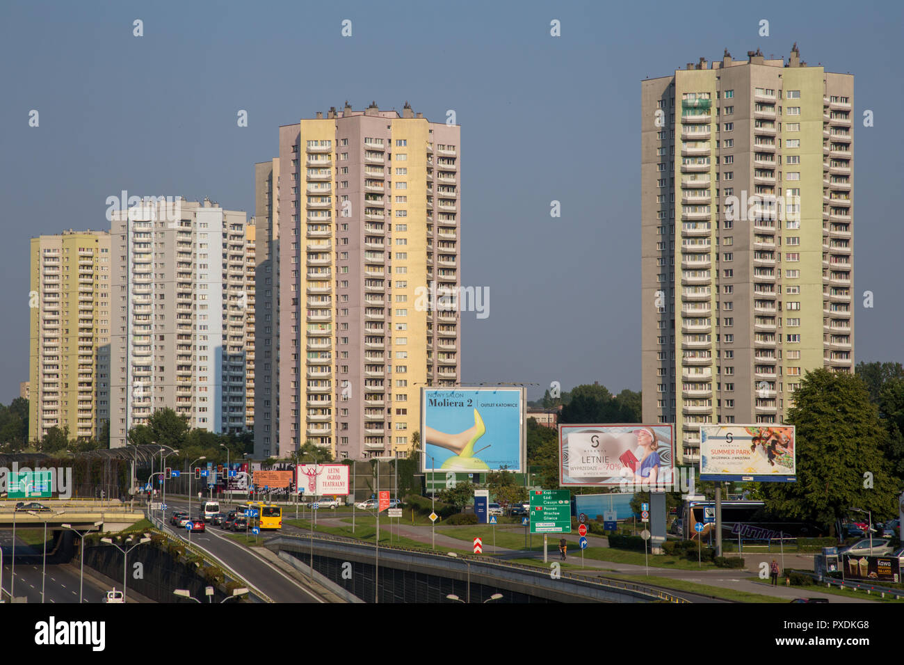 Katowice, Poland: Socialist era tall residential buildings in the city center at so called Star Estate, Osiedle Gwaiazdy Stock Photo