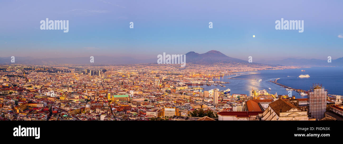 Panorama of Naples, Italy with Mount Vesuvius at sunset Stock Photo
