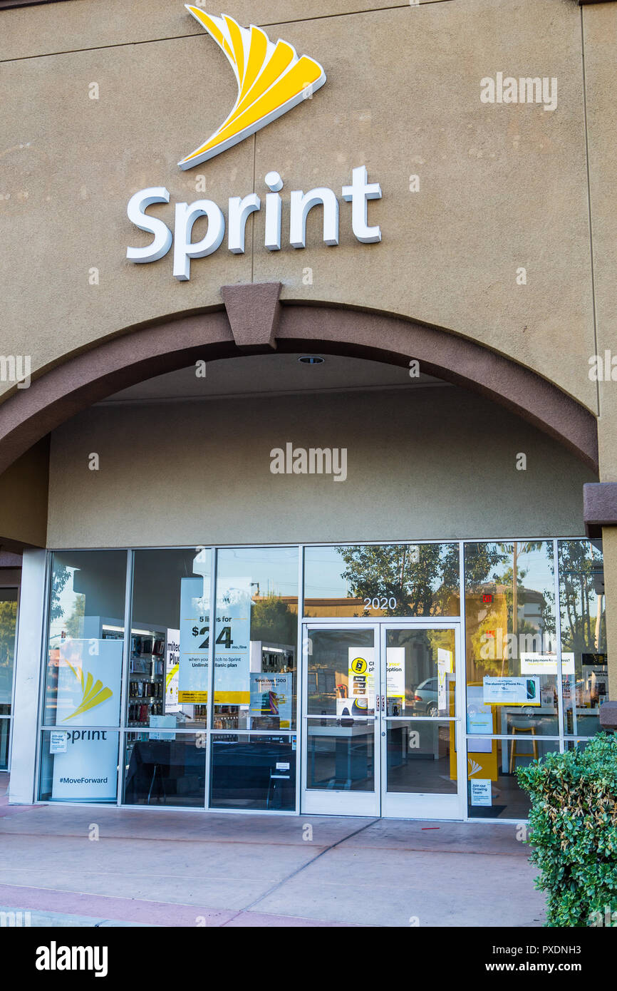 American telecommunications company Sprint store building exterior sign and logo Stock Photo