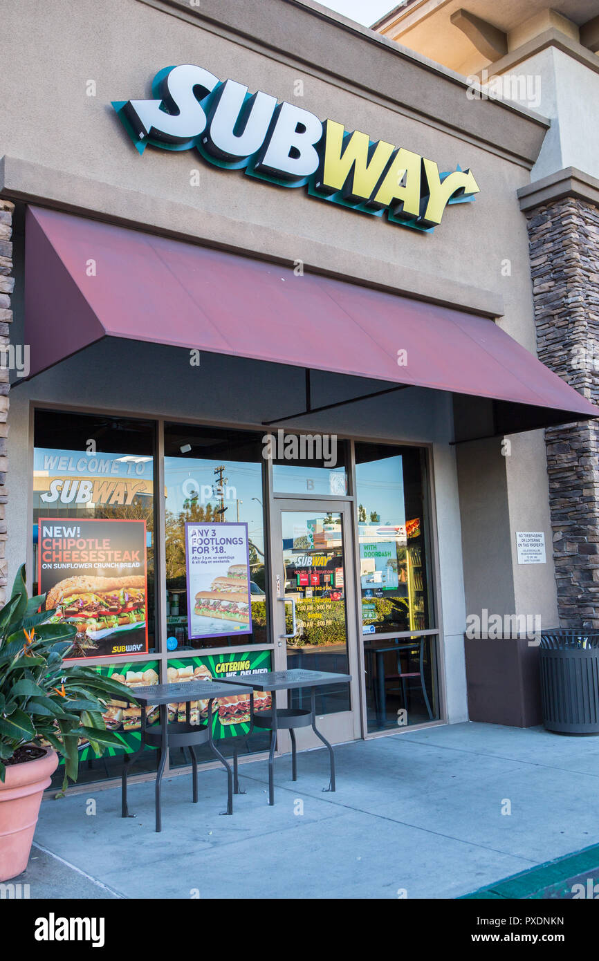 Subway sandwich company storefront sign and logo on a store in Santa Ana, California,USA Stock Photo