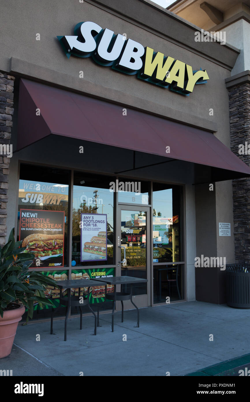 Subway sandwich company storefront sign and logo on a store in Santa Ana, California,USA Stock Photo