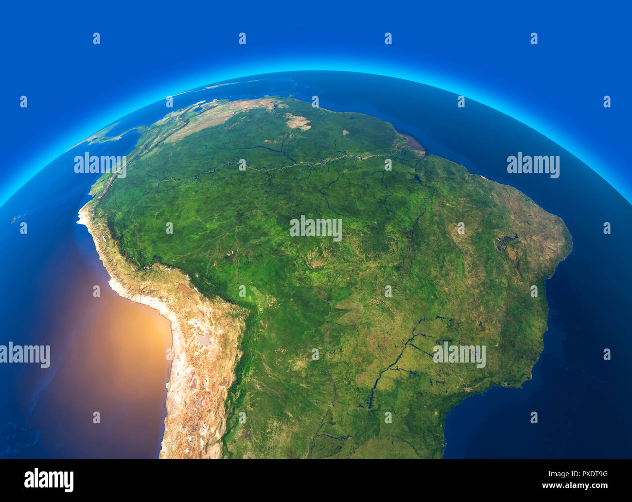 Satellite view of the Amazon, map, states of South America, reliefs and plains, physical map. Forest deforestation Stock Photo